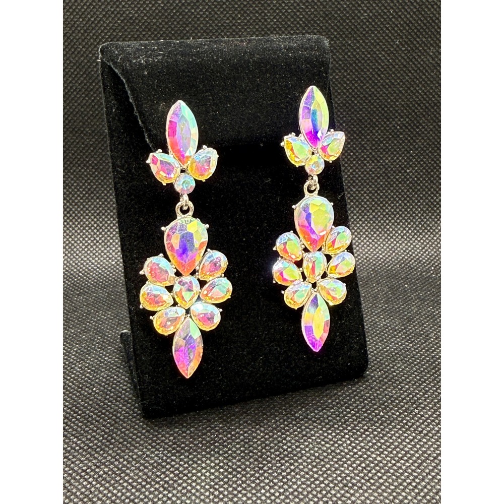 Iridescent Aurora Borealis Rhinestone Dangle Earrings Wedding Prom Statement